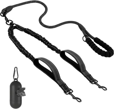 hondenriemkit, dubbele riem voor 2 honden, geen klitten, 360° draaibare splinters, verstelbare schokdempende lijn, super robuust en geschikt voor grote honden looptraining (zwart)
