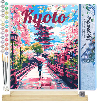 Figured'Art Schilderen op Nummer Volwassenen canvas Reisposter Kyoto in Bloei - Handwerk acrylverf Kit DIY Compleet - 40x50cm met DIY houten lijst
