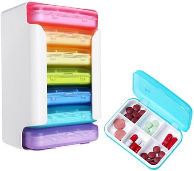 Reisorganizer - Kleurrijk - Draagbare dagelijkse organizer - Plastic pillendoos voor thuis en op reis - Voorraad voor 7 dagen, met 6 vakjes en een vochtbestendig deksel