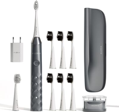 Elektrische tandenborstel - Ailoria - Inclusief USB stekker, inductief USB laadstation, 2x opzetborstels Extra Clean wit, 6x opzetborstels Houtskoolwit - Grijs