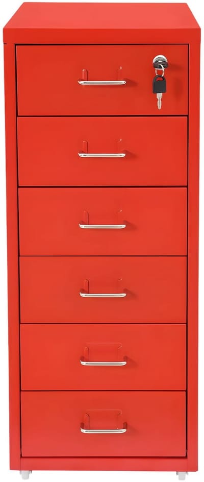 Archiefkast – Voor kantoor of thuis – Verticale metalen kast met 6 laden, katrol en slot – Rood