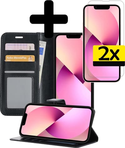 Hoesje - Met 2x Screenprotector - Geschikt voor Apple iPhone 14 - Luxe Pasjeshouder - Bookcase Portemonee - Flip Case - Kunstleer Book Case - Flipcase Hoes - Book Cover - Walletcase - Portemonneehoes - Telefoonhoesjes - Zwart