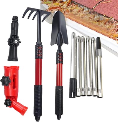 Dakgoot Reiniger - Goot Onderhoud - Bladeren Verwijderen - Uittrekbare Telescoopsteel - 10-delige set - Zwart en rood