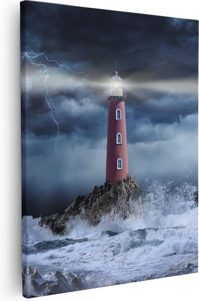Artaza Canvas Schilderij Zee - 40x50 cm - Wanddecoratie Vuurtoren - Muurdecoratie Onweer - Schilderijen Op Canvas