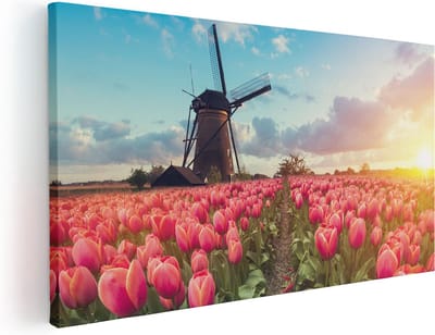 Artaza Canvas Schilderij Tulpenveld - 40x20 cm - Klein - Wanddecoratie Molen - Muurdecoratie Nederland - Schilderijen Op Canvas Zonsopgang