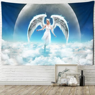 Tapisserie murale à suspendre en forme d'ange blanc pur, ciel bleu, nuages blancs, halo, art bohème, salon, chambre à coucher, décoration de chambre d'enfant 95x70CM gray