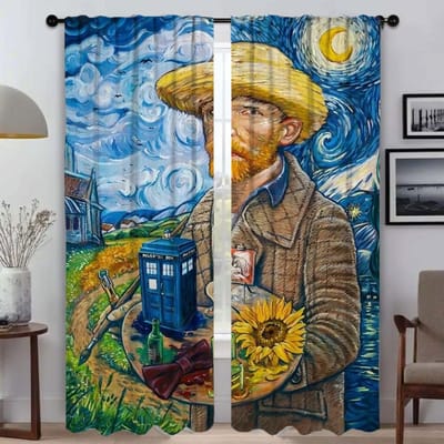 Van Gogh Huis Interieur Gordijnen voor Camera Keukengordijnen 2 Stuks Woonkamer Gordijn Tule voor Slaapkamer Afscheiding Shades W50xH70cmx2pcs-CL