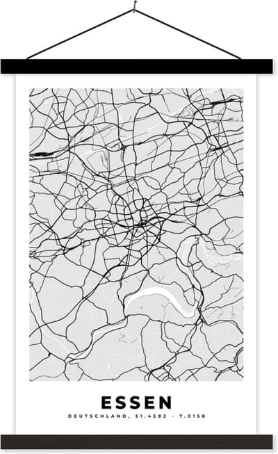 Posterhanger incl. Poster 40x60 cm - Schoolplaat - Duitsland - Stadskaart - Plattegrond - Essen - Kaart - Textielposter - Zwarte latten - Stadskaart