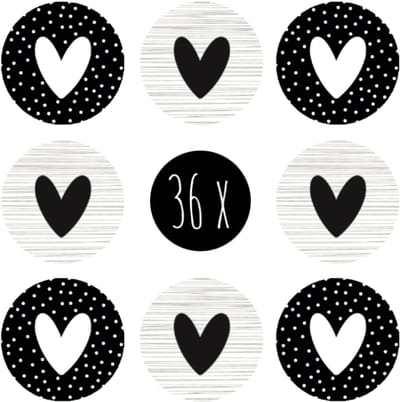 36x Stickers / Sluitstickers | HARTJE | 25 mm | rond | zwart & wit | 2 soorten