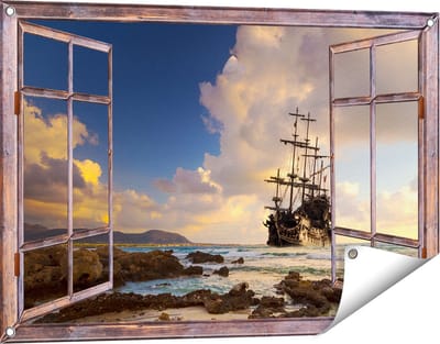 Gards Tuinposter Doorkijk Piratenschip aan de Kust bij Zonsondergang - 90x60 cm - Tuindoek - Tuindecoratie - Wanddecoratie buiten - Tuinschilderij
