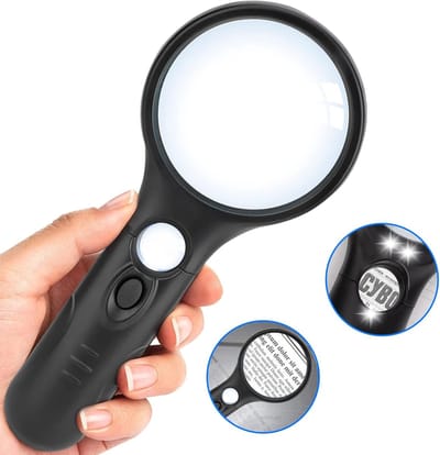 Leesloep met Licht - LED Vergrootglas - Hoge Definitie Lens - 3X/45X Vergroting - Handloep met Ergonomische Grip - Voor Senioren, Juweliers, Boeken - Zwart - 1 stuk