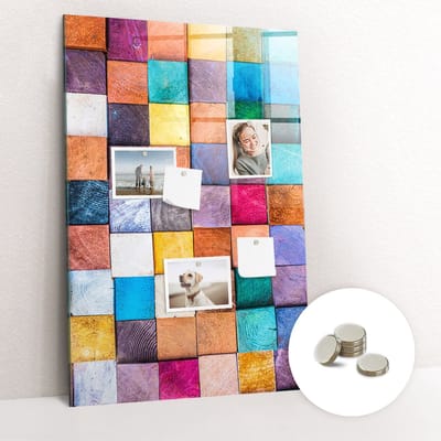 Tulup Glassboards - Kleurrijke houten kubussen Magneetbord - 60 cm x 90 cm - Veelkleurig Magneetbord Foto - Gratis 5 Sterke Magneten - Scandinavisch Design Bord - Magnet Board - Magneetbord Muur - Planning Muur - Magnetisch Memobord