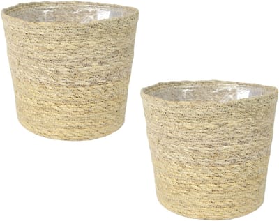 Ter Steege Plantenpot - Set van 3x stuks - beige - gevlochten zeegras - 26 x 23 cm - plastic binnenkant