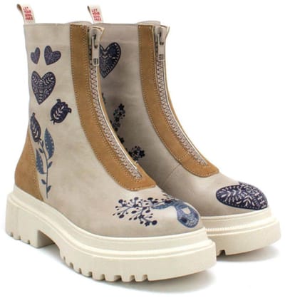 Goby Dames Boots – Hart en Hertenprint – Handgemaakt Vegan Leer – Comfortabele Plateau Boots – Maat 36