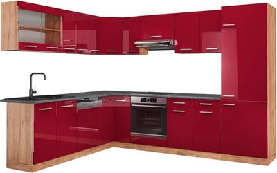 Vicco Hoekkeuken R-Line, Rode hoogglans/Goudkleurig Eiken, 287 x 227 cm, WB Antraciet