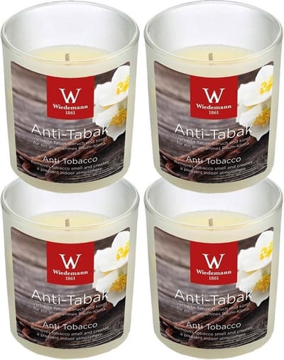 Trend Candles Geurkaars - 4x - in glas - Anti tabac aroma - 25 branduren - 7 x 8 cm - woondecoratie - kaarsen
