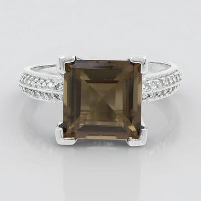 Cavill - Zilveren ring 925 Sterling met 3,04 ct Carré rookkwarts & 64 witte topazen - Elegante damesring maat 17 - Rookkwarts ring zilver