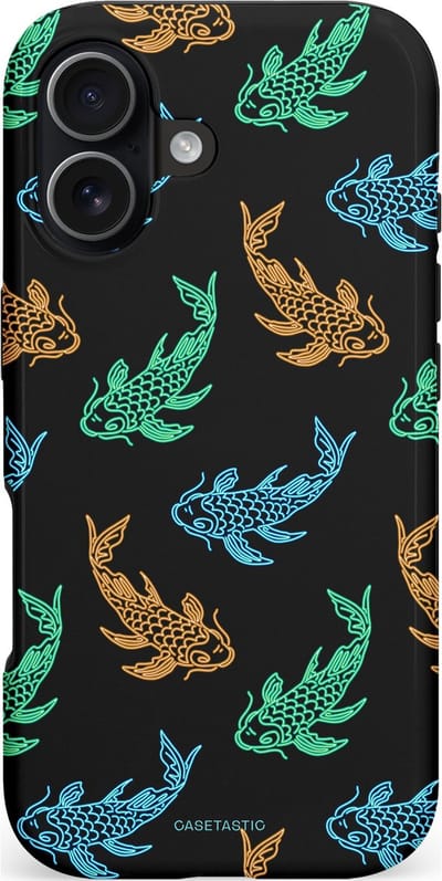 Casetastic hoesje geschikt voor Apple iPhone 17 - MagSafe - Dubbellaagse bescherming - Neon Koi - Fashion Case - Zwart Oranje Groen Lichtblauw