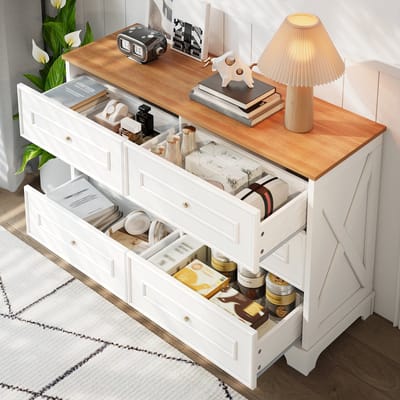 MODENUIT Dressoir - 6 Laden Opbergruimte Voor Woonkamer En Hal - MDF En Spaanplaat - Wit En Naturel - 120x40x76 Cm