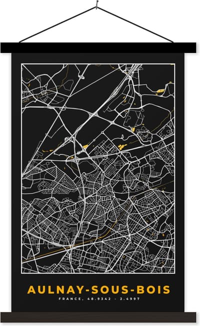 Posterhanger incl. Poster 40x60 cm - Schoolplaat - Plattegrond – Kaart – Stadskaart – Frankrijk – Aulnay-sous-Bois - Textielposter - Zwarte latten - Stadskaart