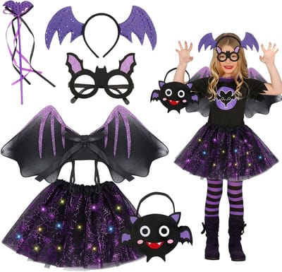 LED Halloween Vleermuis Kostuum voor Kinderen met Toverstaf, Haarband, Vleugels en Tutu Rok voor Carnaval en Feestjes