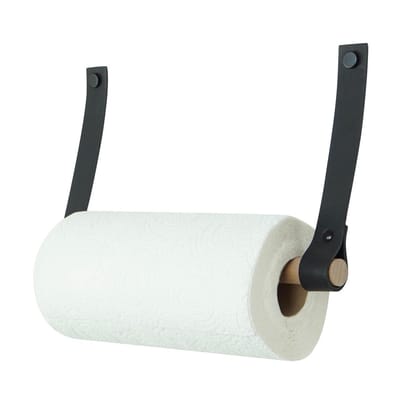 Handles and more® - Leren keukenrolhouder - Kleur: Zwart - Roldrager: rondhout - keukenrolhouder aan wand