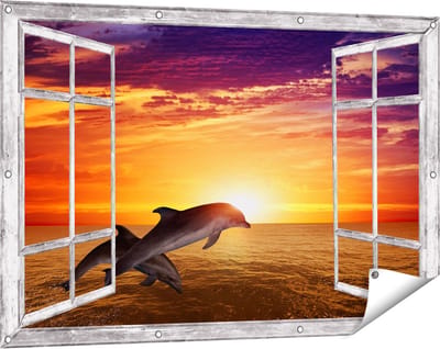 Gards Tuinposter Doorkijk Twee Dolfijnen bij de Zonsondergang - 120x80 cm - Tuindoek - Tuindecoratie - Wanddecoratie buiten - Tuinschilderij