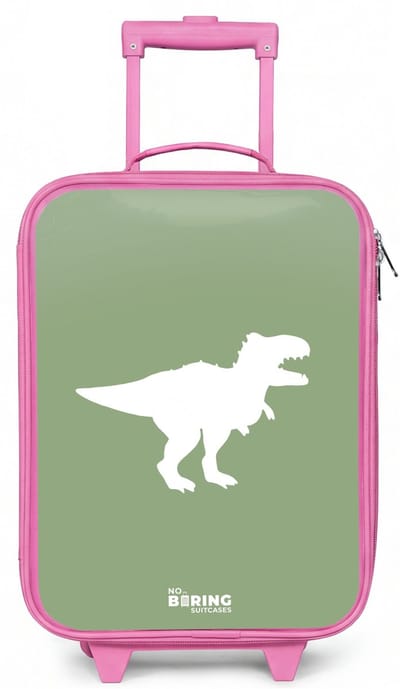 NoBoringSuitcases.com® - Kinderkoffer roze - Kindertrolley meisje - Groen met T-rex dino - Koffer kind lichtgewicht - Reiskoffer trolley voor kinderen - Koffertje met lichtgevende wieltjes - Rolkoffer