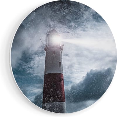 Artaza Forex Muurcirkel Vuurtoren tijdens de Regen Storm - 40x40 cm - Klein - Wandcirkel - Rond Schilderij - Wanddecoratie Cirkel