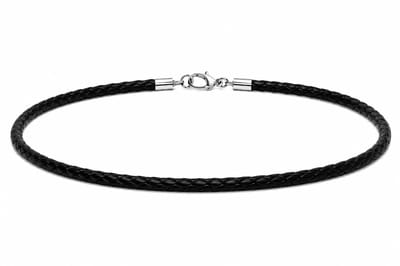 AuBor ®. Gevlochten leren ketting met zilveren sluiting. Zwart. 3mm × 55cm