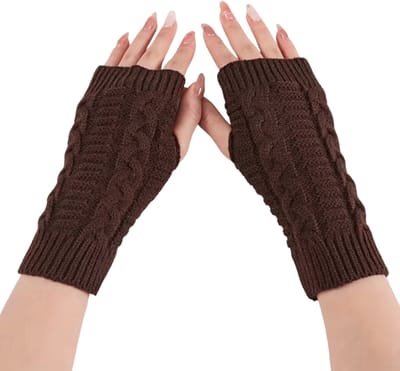Dames Vingerloze Handschoenen Koffiekleur - Maat One Size - Gebreide Polswarmers - Handschoenen Voor Herfst & Winter