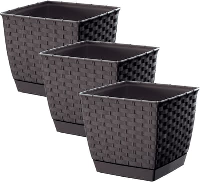Prosperplast Plantenpot/bloempot - 3x - rotan kunststof - 16.5 x 16.5 cm - bruin