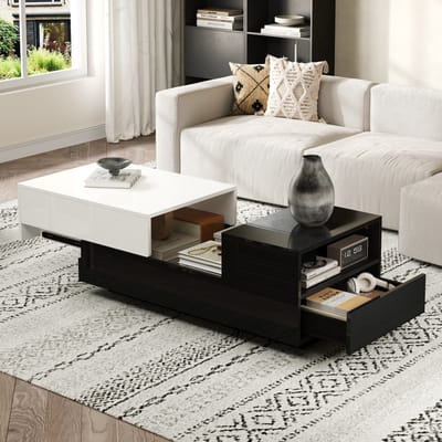 PHOEBE CAT Salontafel - Hoogglans - Met lade - Schuifbaar tafelblad - Zwart + Wit