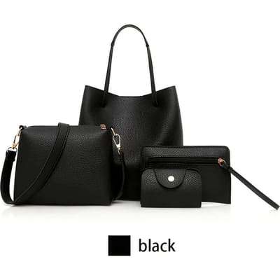 4-delige set Handtas van leer met grote capaciteit Effen kleur Lychee textuur Schoudertas Emmer tas Portemonnee Handtas black