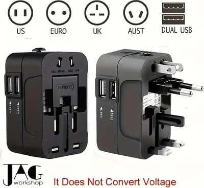 1-delige universele reisadapter met dubbele USB-poorten, 110V-240V-ingang, US/EU/UK/AU-stekkers, overspanningsbeveiliging, alles-in-één wandlader voor meer dan 150 landen, compatibel met iPhone, Samsung, tablets en meer