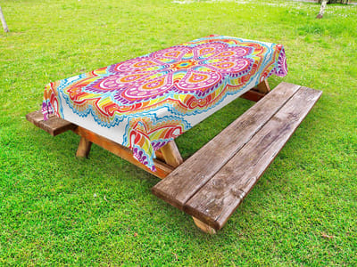 ABAKUHAUS Regenboog Mandala Buitentafelkleed, Oosterse motieven, Decoratief Wasbaar Picknicktafelkleed, 145 x 210 cm, Wit Paars Multicolor