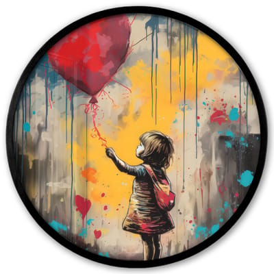 Poster in lijst Rond - Fotolijst 40x40 cm - Posters - Meisje - Ballon - Hart - Graffiti - Ronde posterlijst zwart - Decoratie - Wanddecoratie woonkamer - Muurdecoratie slaapkamer