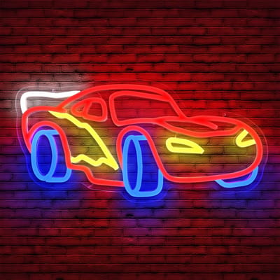 Daity Muurdecoratie Auto Neonbord - Dimbaar Raceauto Neonbord - LED Neonlicht Neon Racebord voor Kinderkamer - Jongenskamer - Speelkamer - Verjaardagscadeau