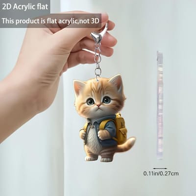 Porte-clés Chat Cartoon Acrylique Plat 2D - Design Mignon Veste Bleue & Sac à Dos Jaune, Boucle Anneau - Cadeau de Pâques Idéal pour les Amoureux des Chats beige