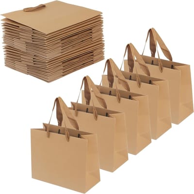 20 Stuks Bruine Papieren Cadeauzakken met Handvatten 22 x 18 x 10 cm, Kraft Papieren Tassen voor Feestjes, Verpakking en Winkelen