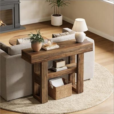 MIVRAY Consoletafel - Smal Met 2 Planken En Opbergruimte - Voor Hal En Woonkamer - MDF - Bruin