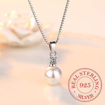 925 Sterling Zilver Nieuwe Dames Mode Sieraden Hoge Kwaliteit Kristal Zirkoon Parel Ronde Hanger Kettingen Voor Vrouwen Lengte 45cm beige