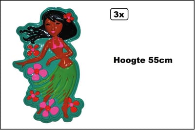 3x Wanddecortie tropical hula girl 55cm - Hawai tropical beeach party festival thema feest