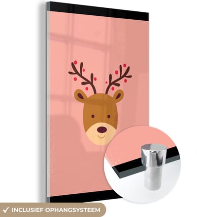 MuchoWow® Glasschilderij 120x180 cm - Schilderij acrylglas - Rendier - Kerst - Roze - Kerstmis - Winter - Foto op glas - Schilderijen