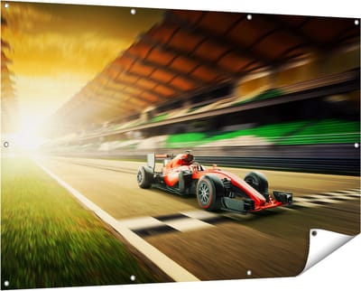 Gards Tuinposter Formule 1 Auto bij de Finish in het Rood - 150x100 cm - Tuindoek - Tuindecoratie - Wanddecoratie buiten - Tuinschilderij