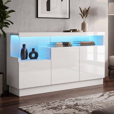 FloraGrace Dressoir - Hoogglans Met APP-Gestuurde LED-Verlichting En Acryl Displayvak - 3 Deuren Voor Woonkamer Of Eetkamer - Wit - 140x36x80 Cm