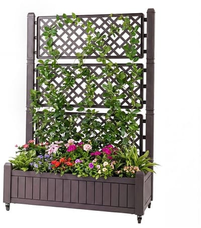 Plantenbak met klimrek - Bloembak - Weerbestendig - Met trellis - Buiten - Plantenrek - 48 liter - Bruin