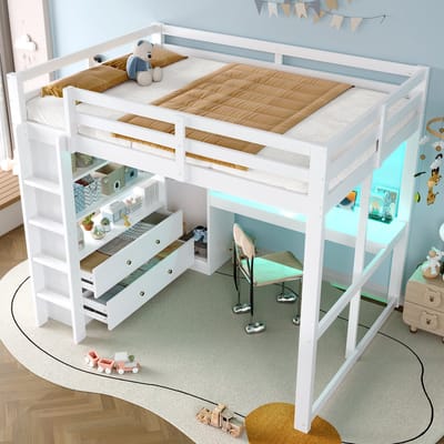 OKWISH Hoogslaper 140x200 Cm – Met Bureau Onder Bed En Led Verlichting – Met Usb Laadpunt – Met 2 Lades En Open Kast – Hout En Mdf – Wit – Zonder Matras