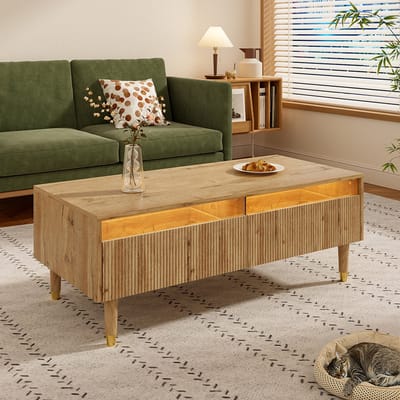 Pugsdrly Modern LED Salontafel Houten Blad met 2 Lades Houten Poten Veranderbare LED Lichtstrip