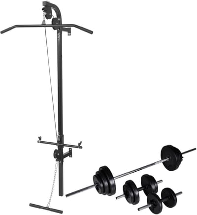Fitnessstation Wandmontage - Krachtstation Home Gym - Thuis Krachttraining - Inclusief Halterset - 99x53x194 cm - Zwart